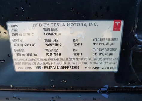 2015 Tesla Model S 60/70/85 from USA, damaged, VIN 5YJSA1S19FFP78390